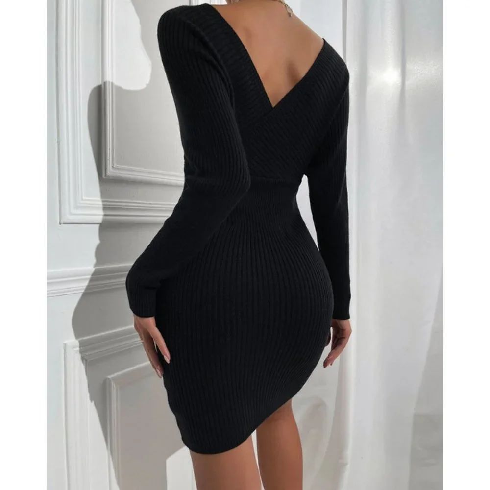 Fitted Off Shoulder Ribbed Sweater Dress Black Fall winter classy sexy evening - Picture 4 of 10